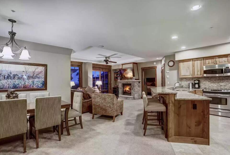 Kitchen, dining room and living room