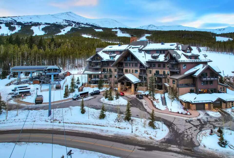 Crystal Peak Lodge entrance from Ski Hill Road and gondola