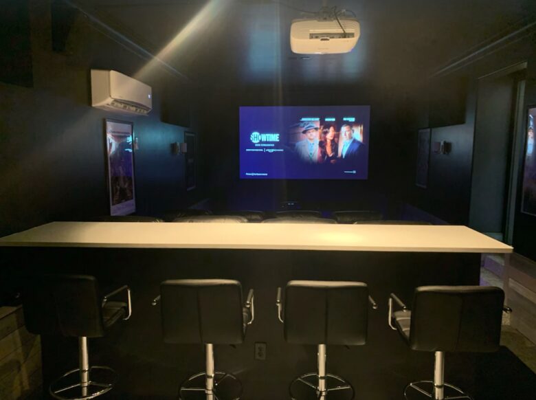 Home theater with bar table
