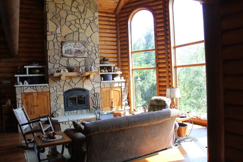 Great room with wood burning fireplace