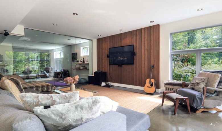 Lower level bar, pool table and den