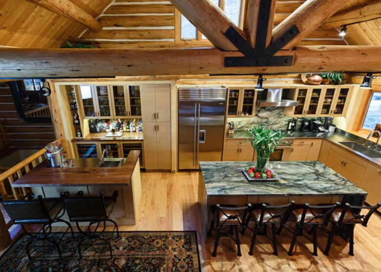 Updated kitchen with spacious island and bar