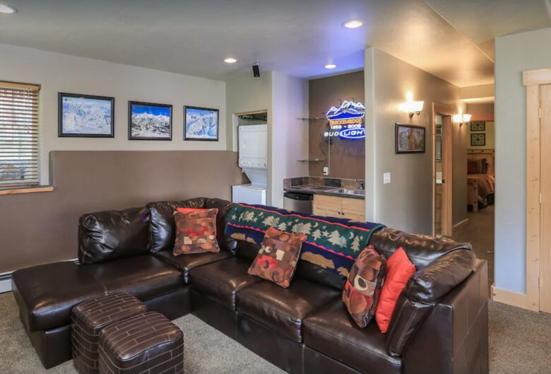 Lower level den with pull-out sofa and wet bar