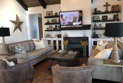 Open living room and fireplace