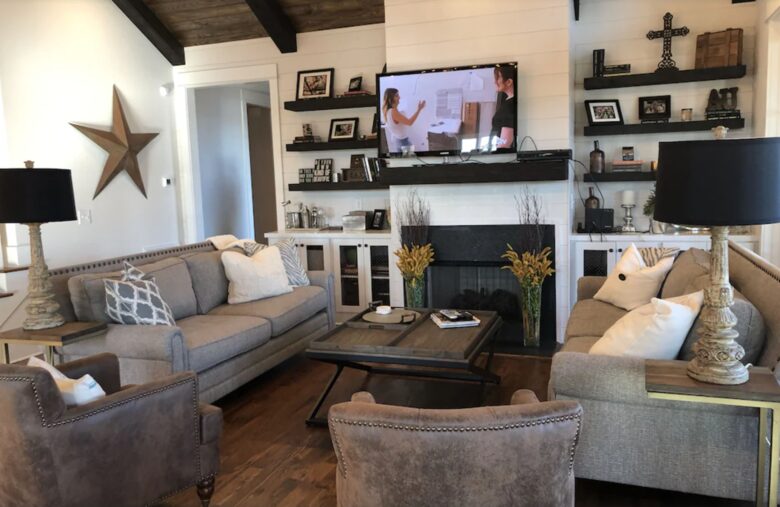 Open living room and fireplace