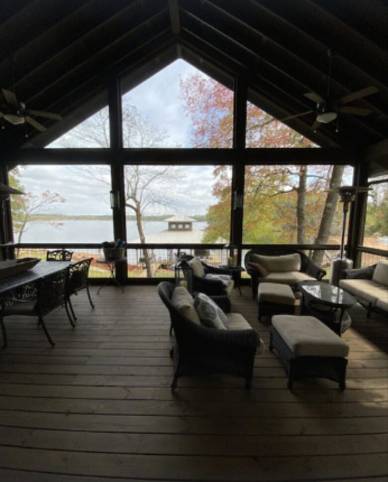 Screened-in porch with lake views