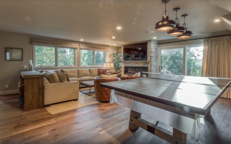 Lower den play room, media, wet bar