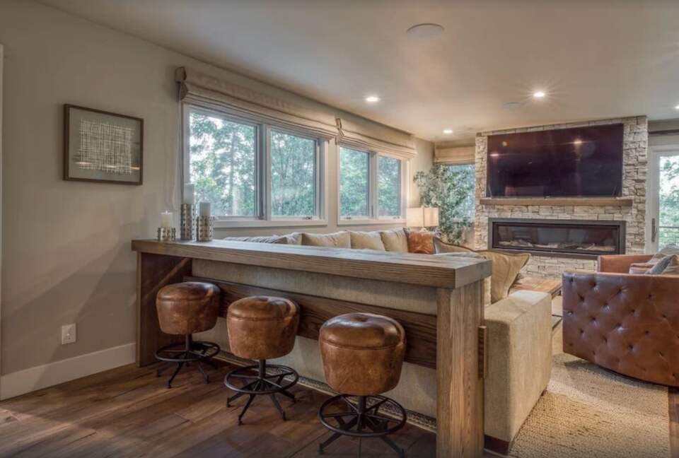 Lower den play room, media, wet bar