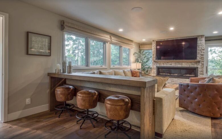 Lower den play room, media, wet bar