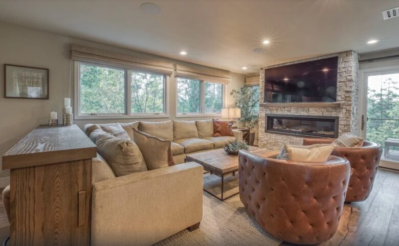 Lower den play room, media, wet bar