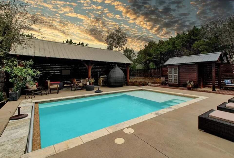 Pool area at sunset