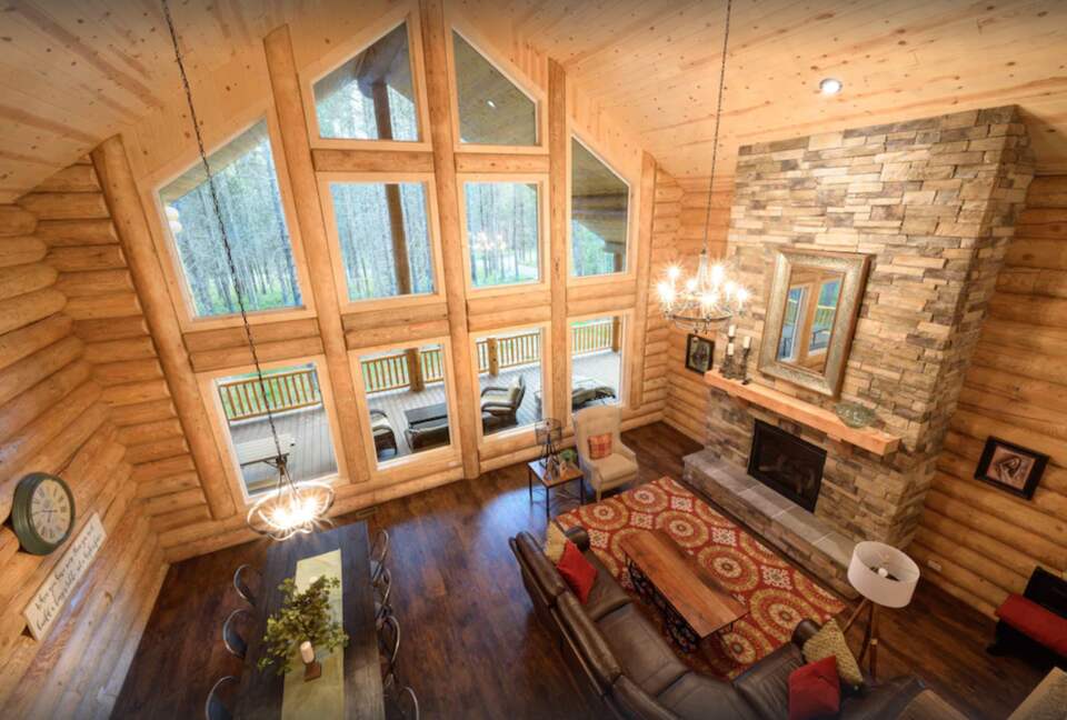 Open living room with fireplace