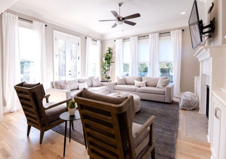 Open living room with fireplace