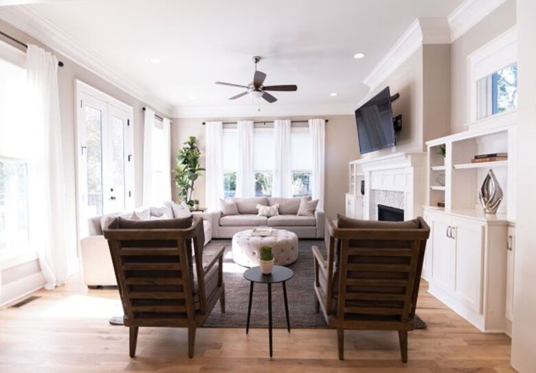 Open living room with fireplace