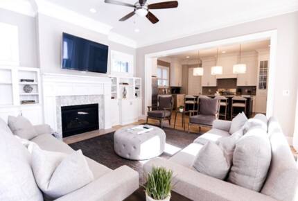 Open living room with fireplace