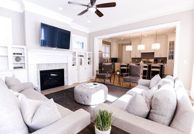 Open living room with fireplace