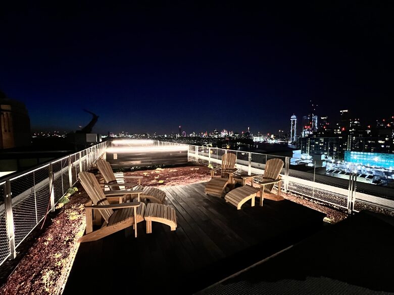 the view from the private upstairs terrace, looking across The Thames