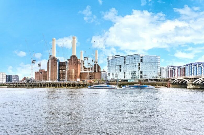Battersea Power Station and Circus West from the river