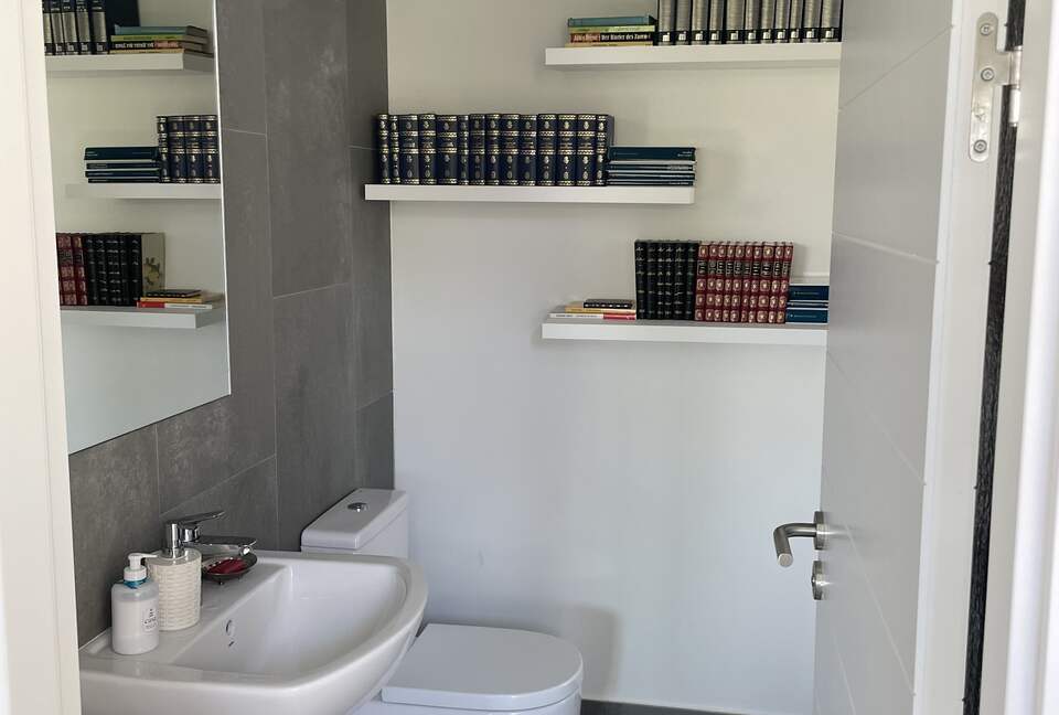 Small toilet next to the kitchen. We have books everywhere!