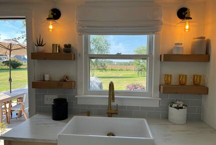 View from cottage kitchen to farm