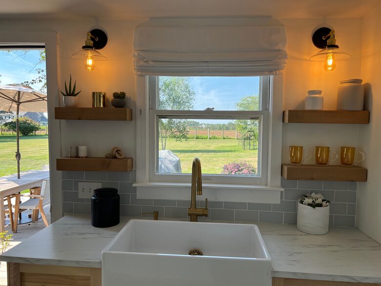 View from cottage kitchen to farm