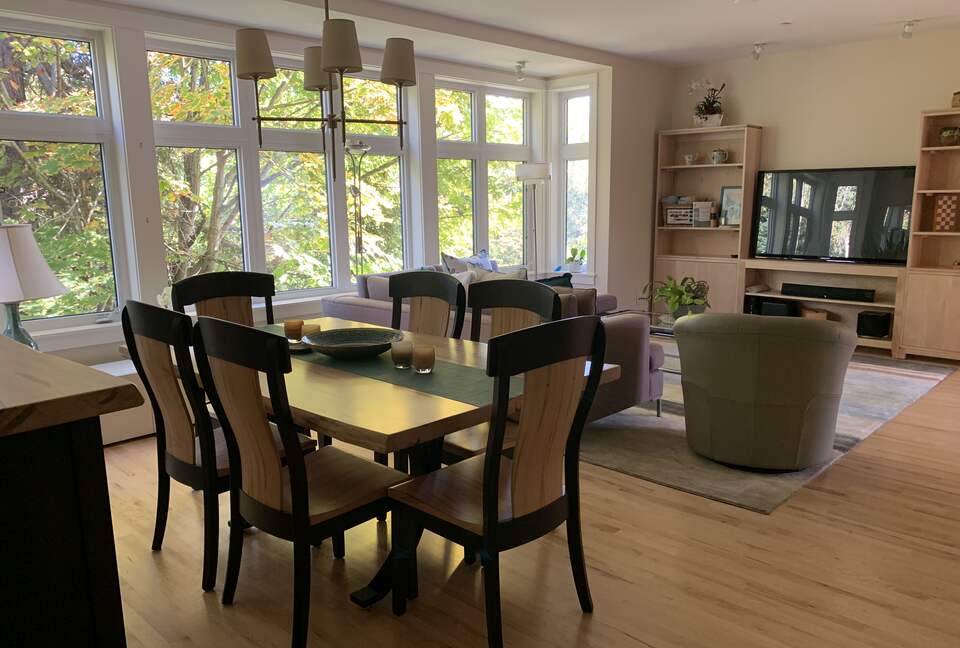 great room with dining, living room and large tv