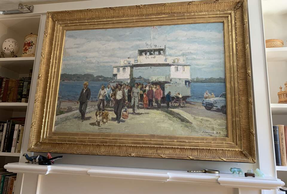 painting in library of a ferry dock in the 1960's