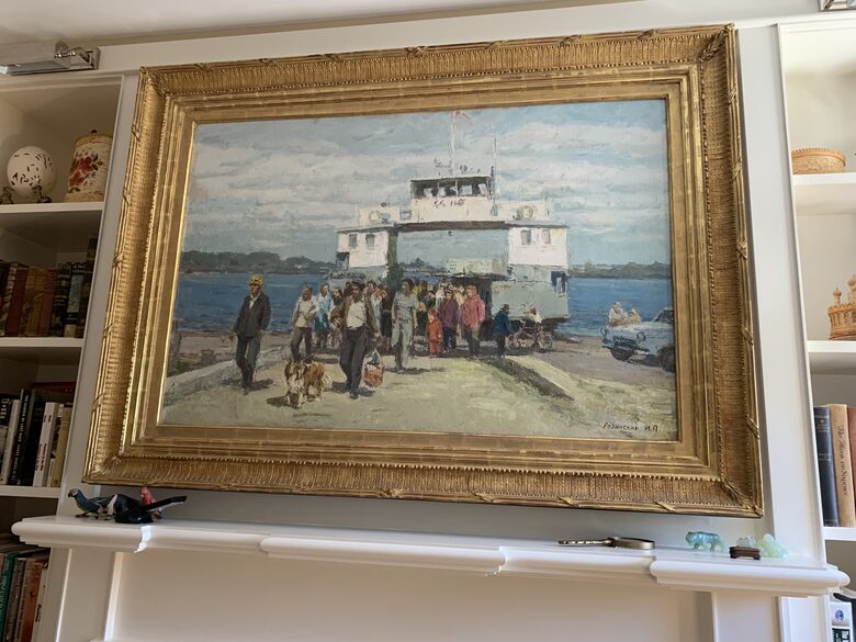 painting in library of a ferry dock in the 1960's