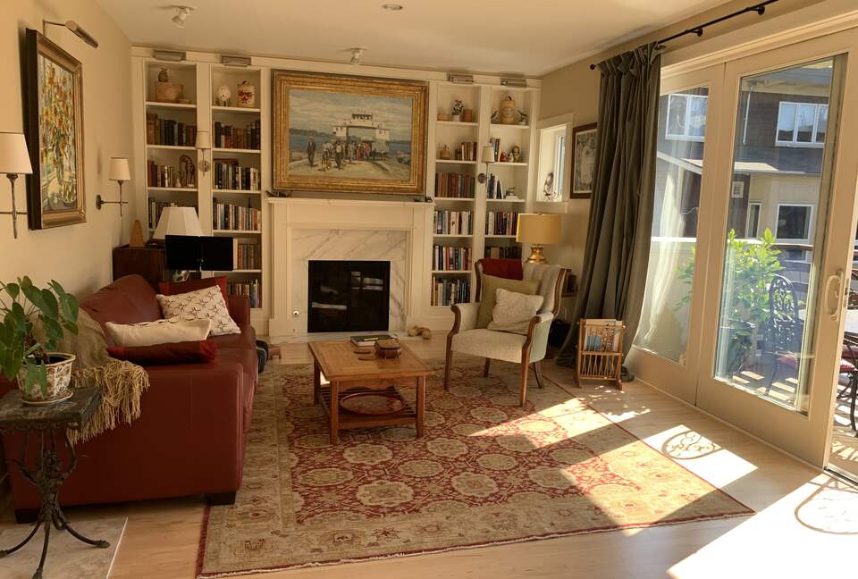 library with fireplace as you walk into the condo