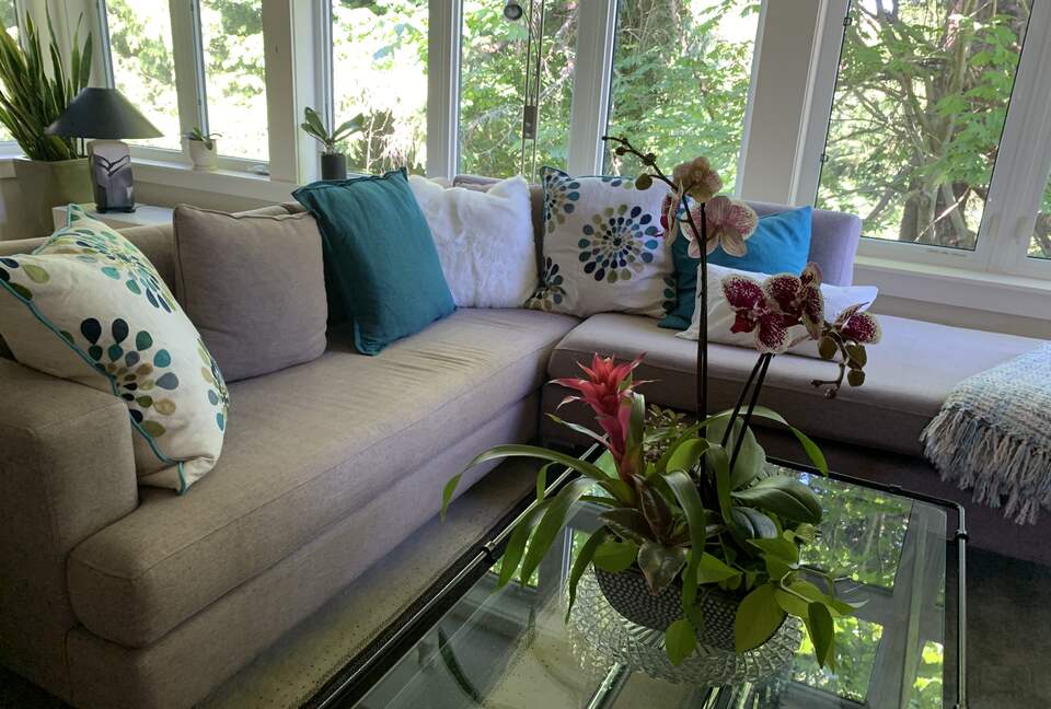 living room looking over the the ravine, feels like a treehouse