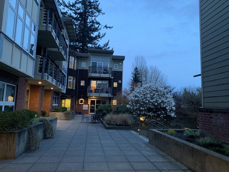 walking through the courtyard to our door