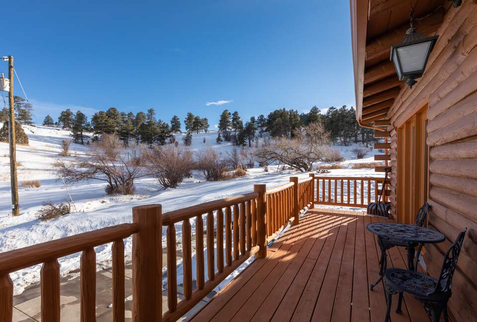 Master Bedroom long deck length of room with winter views