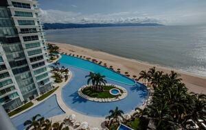 View from balcony of Infinity pool and beach