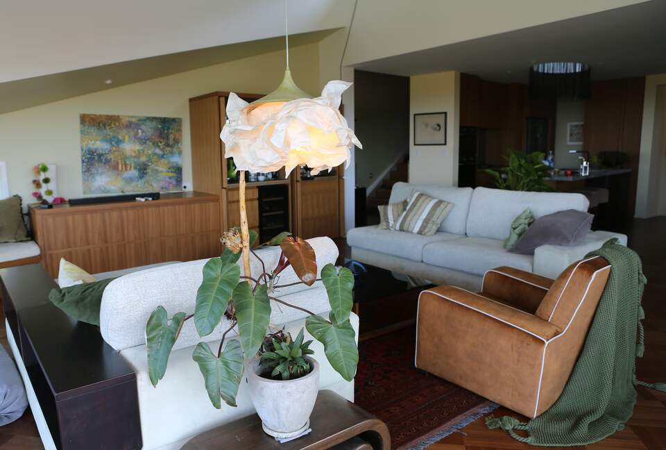 view from balcony into living room. Pop up TV when you need it.