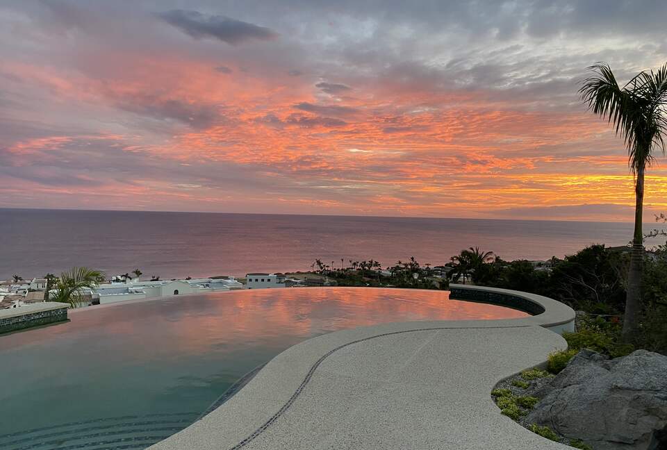 Sunset view from the infinity edge pool at the house