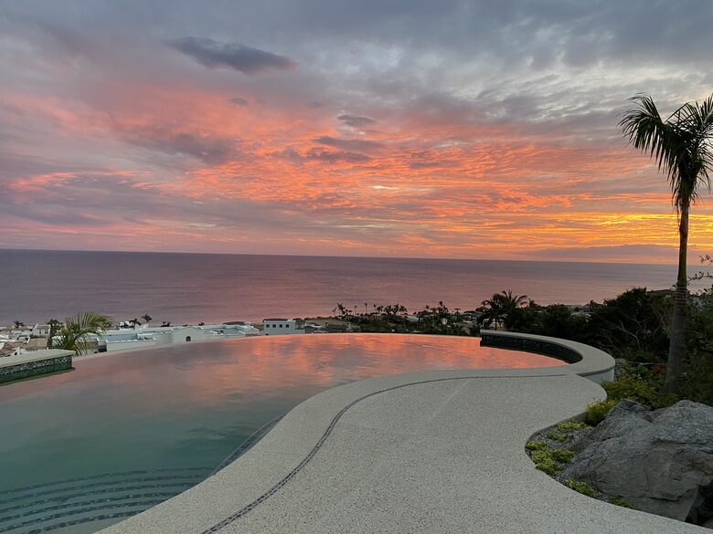 Sunset view from the infinity edge pool at the house