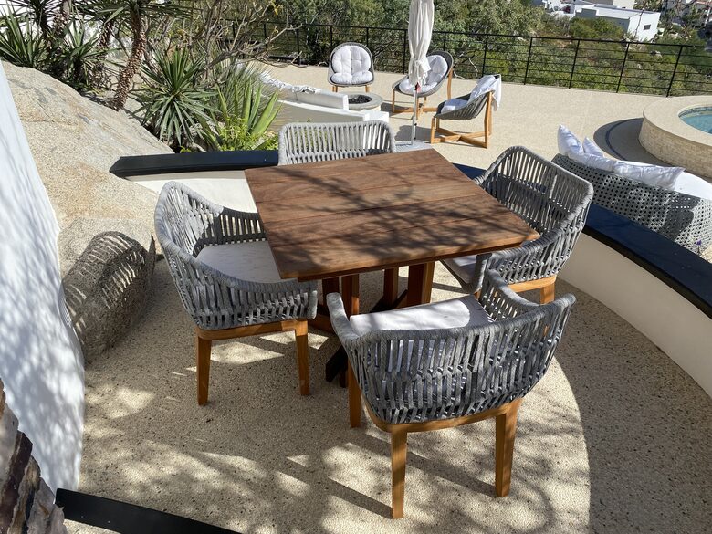 Backyard poolside seating area