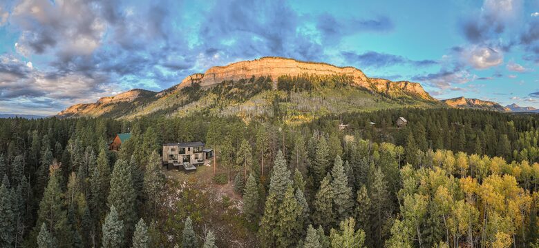 Aerial shot of home with Hermosa Cliffs.