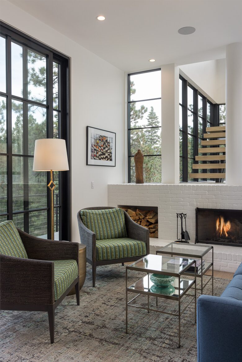 Family Room with fireplace and open stairway.