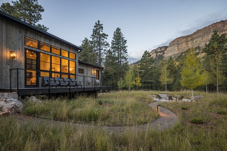 Living room & Guest room wing overlooking firepit.