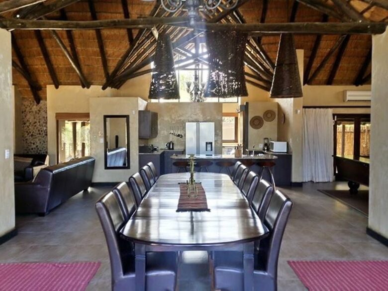 Dining area and kitchen at the far end