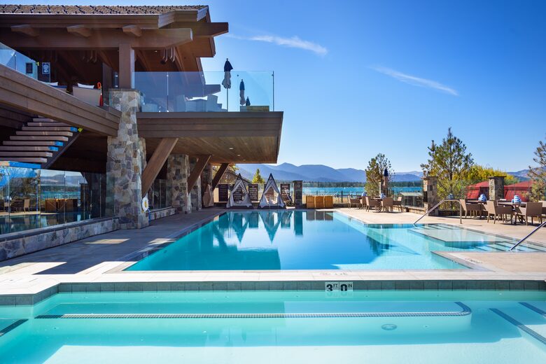 Lakefront pool and hot tub