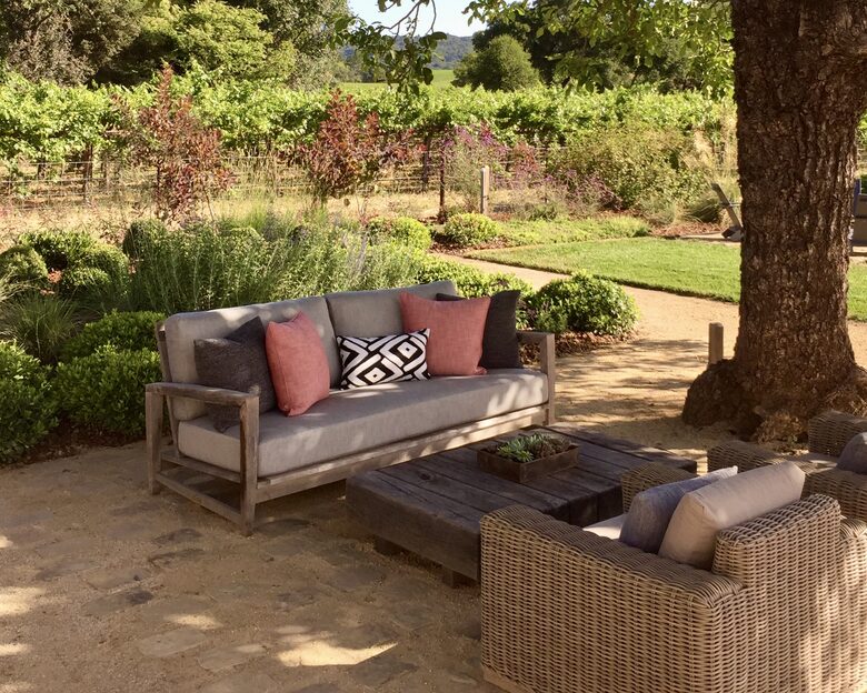 Conversation area in shade of walnut tree