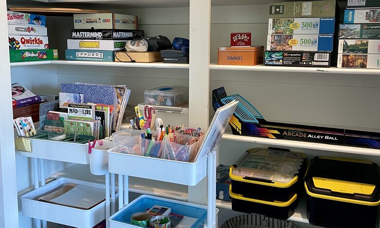 Plentiful childrens' games, toys and art supplies