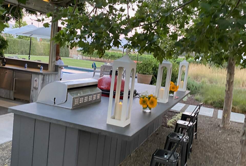 2nd outdoor bar with TV, pizza oven, charcoal and gas grills