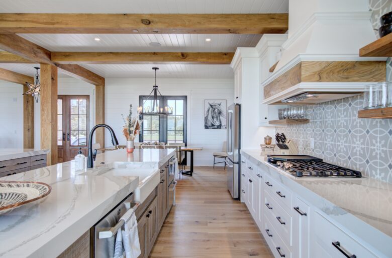 kitchen showing inner island and range