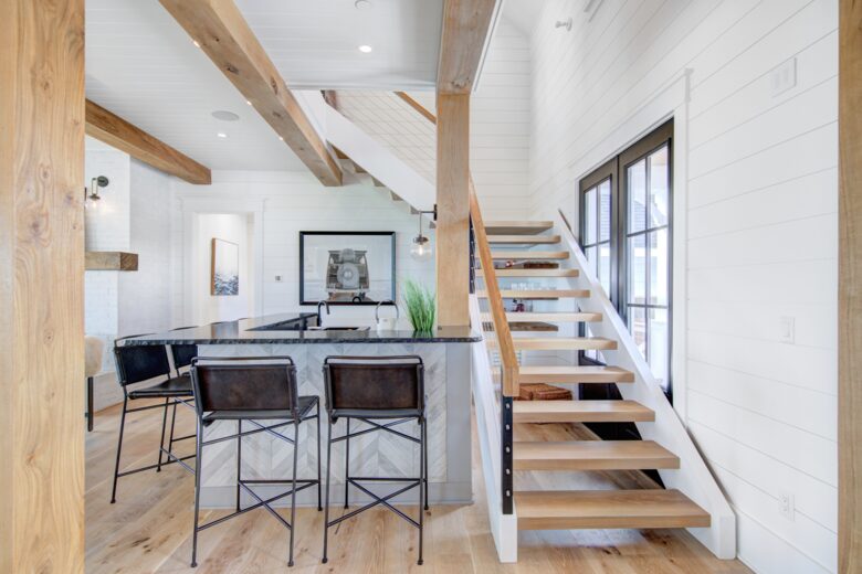 bourbon bar with floating staircase