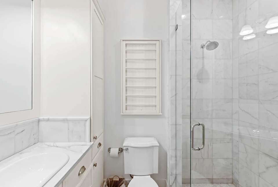 Mint green K BR suite, large shower & vanity with drawers.