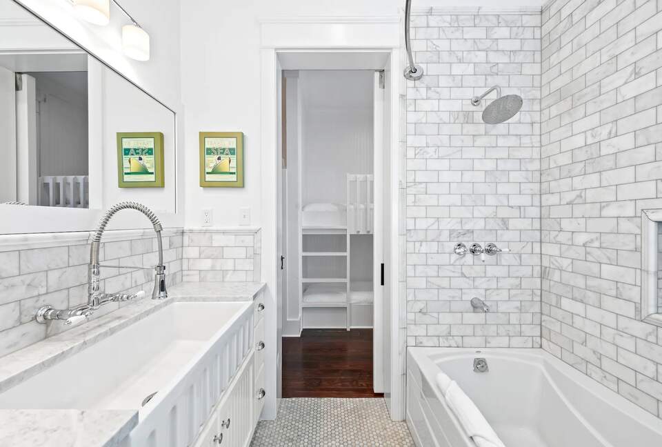 Private bath/shower & farm sink for the kids off 4 bed bunk