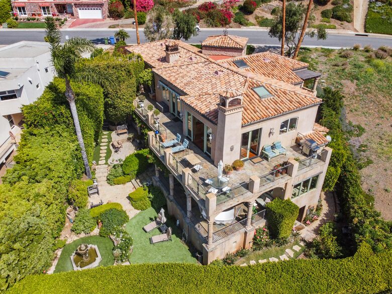 Drone view of West gardens and Villa